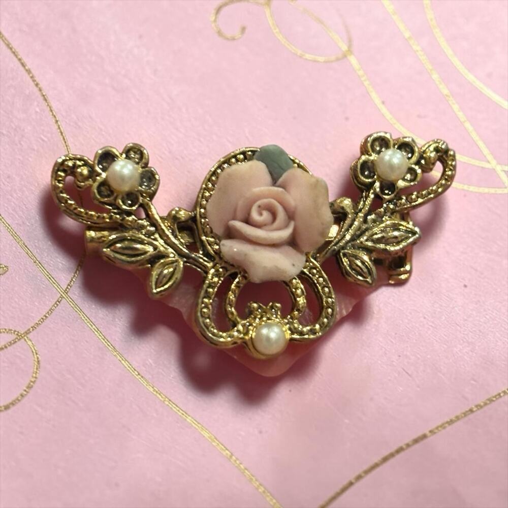 1928 Jewelry Pink Porcelain Rose Brooch Romantic Victorian Revival Pearl Pin